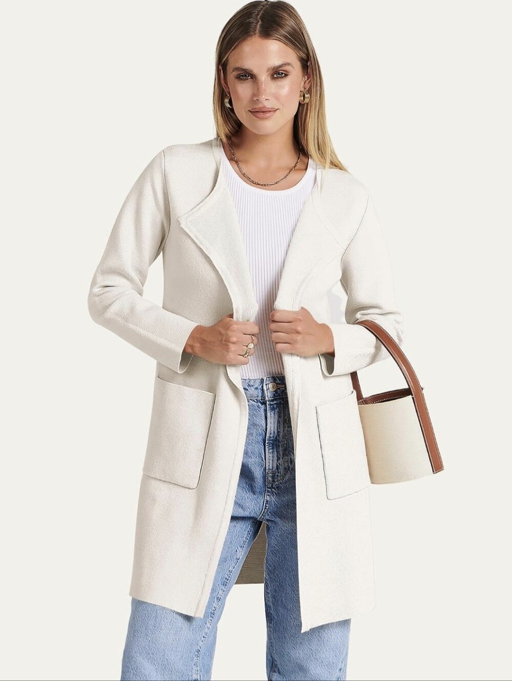 Women's White Long Open Front Coatigan